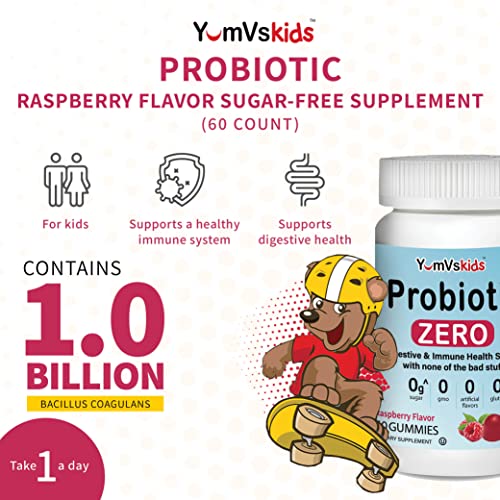 Probiotic Zero Gummies For Kids By Yumvs | Sugar Free Supplement For Children | Digestive And Immune System Support | Natural Raspberry Flavor - 60 Count #TOP1