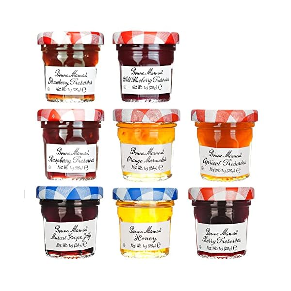 Bonne Maman Assorted Preserves – Strawberry, Apricot, Raspberry, Orange, Cherry, Honey, Grape, Blueberry – 8 jars x 1 oz