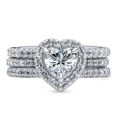 BERRICLE Sterling Silver CZ Heart Halo Wedding Engagement Promise Rings for Her, Cubic Zirconia Insert Ring Set for Women2