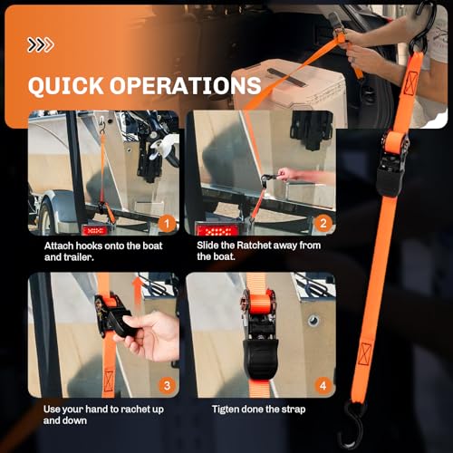 Image of WELLUCK Boat Trailer Transom Tie Down Straps 2400 LBS, LED Bulb Rechargeable, Charging Bulb