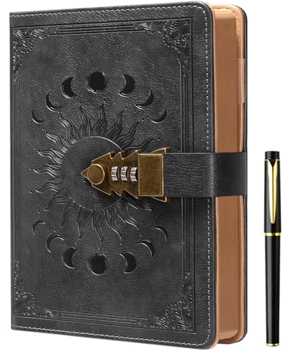 ZXHQ Tagebuch mit Schloss für Frauen/Männer geheimes Tagebuch für Mädchen A5 Notizbuch mit Stift Set Nachfüllbares Leder Journal Schreiben Notizbuch mit Stift Größe A5(8.5 × 5.9 Zoll) Dunkelgrau