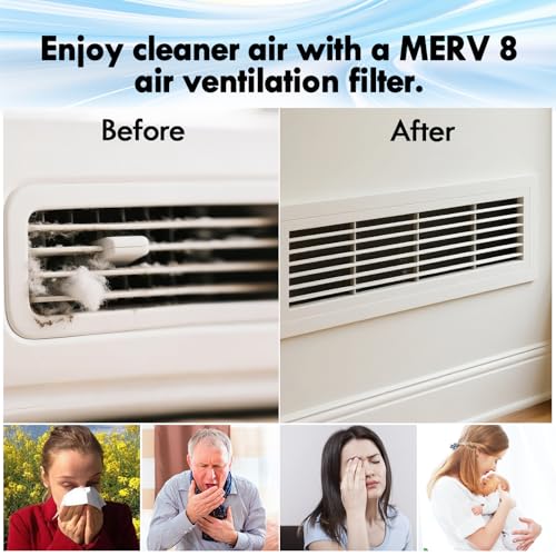 Image of 12 x 140 inch Air Vent Filters, 2PCS Cut-to-Size MERV 8 Air Filter Material(80+ Filters), Triple Layer HVAC Furnace Vent Filter for Floor, Ceiling, Grilles - Includes 48PCS Adhesive Hook Tape.