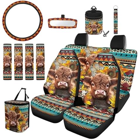INSTANTARTS Aztec Highland Cow Car Seat Cover Full Set 13 Pieces 4 Pieces Car Seat Covers Steering Wheel Cover Auto Keychain Holder Car Trash Can Car Dash Accessories Rearview Mirror Cover Cover
