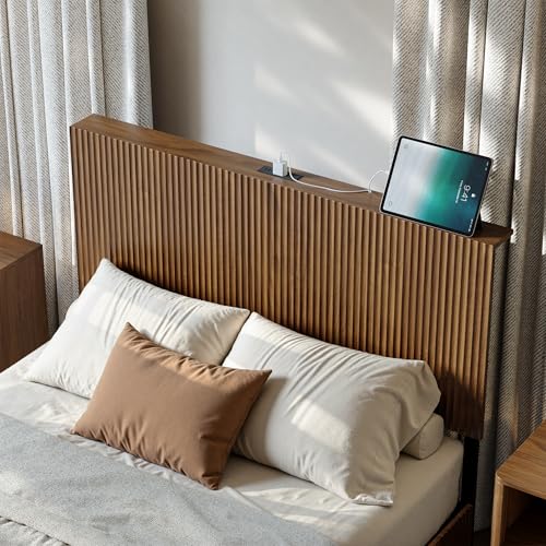 Image of Evermagin Walnut Full Floating Bed Frame with Headboard | Mid Century Modern Fluted Platform Bed with LED Lights, Heavy Duty Bedframe with Charging Station, No Box Spring Needed