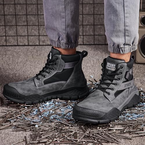 Image of Steel Toe Boots for Men Industrial Indestructible Work Slip Resistant Leather Construction Safety Shoes Grey Size 8.5