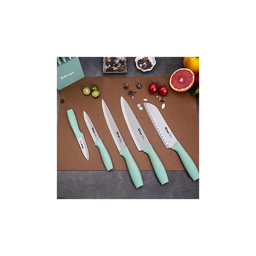 Slege 15pcs Kitchen Knife Set with Block, Sharpener and Scissor, Stainless Steel Knives with Extre-light Straw Handle