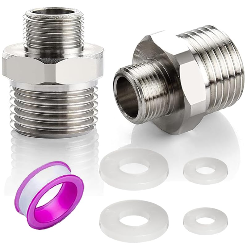 Faucet Supply Hose Adapter 3/8 Male to 1/2 Male Water Line Adapter 304 Stainless Steel Compression Fittings for RV Kitchen Plumbing 3/8 to 1/2(O.D×O.D:0.52"×0.75") with Rubber Washer(2 Pack)