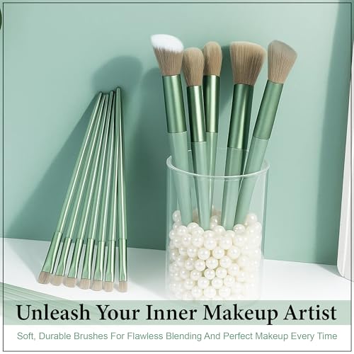 Image of GLUN Metallic Green Professional 13-Piece Makeup Brushes with Travel Bag, Face, Eye & Highlight Brushes