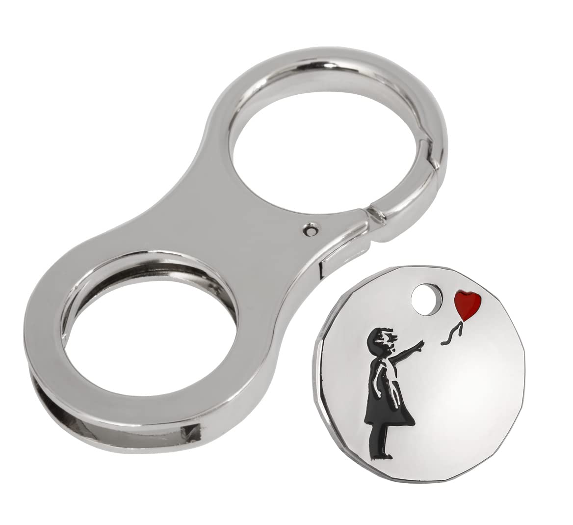 Harts Girls Silver Coin Clip Key Ring Trolley Token Metal Holder Keyring For New And Old £1 Coins, €1. With Banksy With Balloon Trolley Tokens