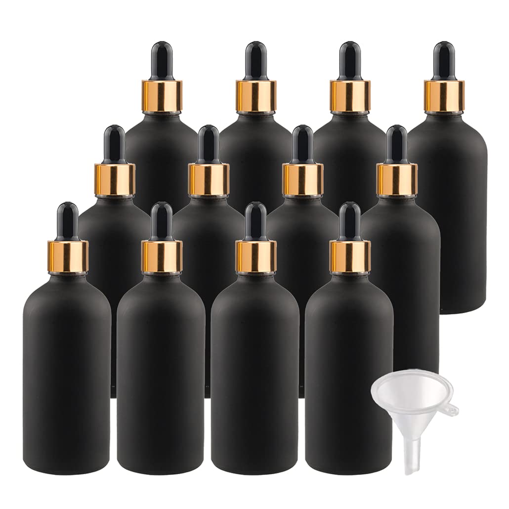 24 Piezas Negro Mate Frasco Cuentagotas Cristal 100ml, Botellas Cuentagotas Vacío con Pipeta de Vidrio Oro/Negro, para Fragancias de Aromaterapia de Aceites Esenciales, Masaje, Viaje