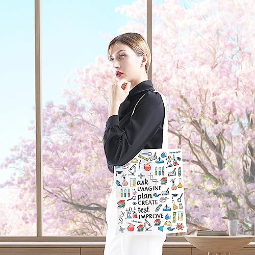 Image of GJTIM Science Teacher Gift Chemist Laboratory Science Chemistry Gift Ask Imagine Plan Create Test Improve Scientist Tote Bag