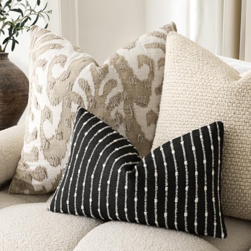 Image of Foindtower Boho Striped Boucle Lumbar Throw Pillow Covers 12x20 Inch Black