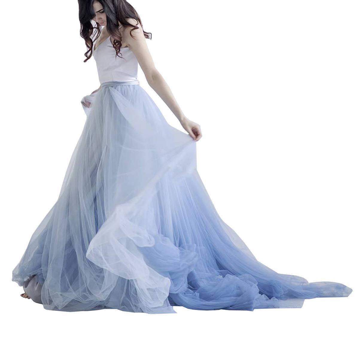 WDPL Women's High Waist Maxi Blue Cowl Wedding Tulle Bridal Skirt with Long Train