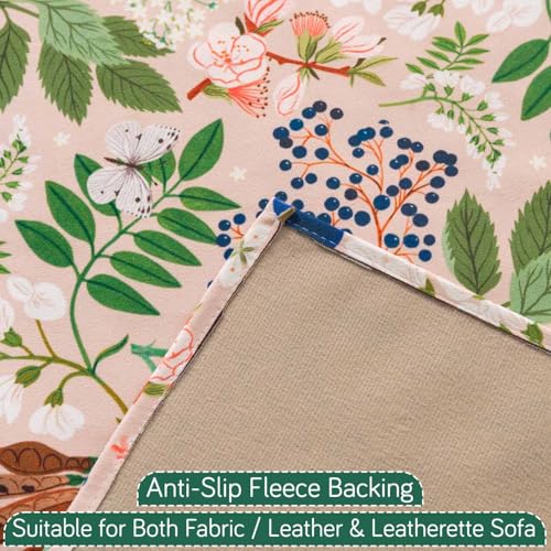Image of HOKIPO Sofa Cover with Tassel for 1 Seater Sofa | Full Protection for Seat and Back | Printed Holland Velvet Fabric | 'Whispers of Nature' (160x60 cm), Beige Woodland Bloom (IN-1125-D4)