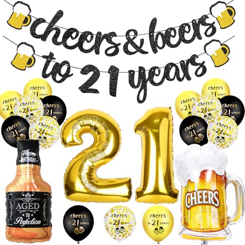 21st Birthday Decorations for Him 21st Birthday Decorations with Cheer Banner 40Inch Number 21 Foil Balloons 21st Sign Black & Gold Balloons Champagne Cups Foil Balloon Party Decoration for Her