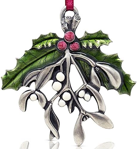DANFORTH - Mistletoe and Holly Christmas Ornament – Handcrafted Pewter Christmas Tree Ornament – Satin Ribbon, 2 1/4" Tall by 2 3/8" Wide, Made in USA