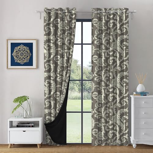 Image of LINENWALAS Printed Blackout Curtains for 7.5 Feet Door | Set of 2 | Printed Drapes | Thermal Insulated, Room Darkening Panels with Grommet Hanging for Living Room (Olive Green Vines)