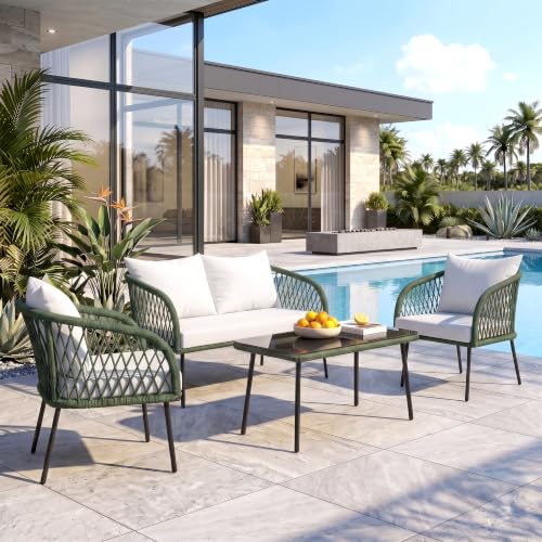 Image of OUTLIVING Braid Rope & Metal Frame Outdoor 4-Seater Sofa Set with Tempered Glass Top Center Table, Water-Repellent Cushions & Handwoven Design for Patio, Garden and Balcony (Green and White)
