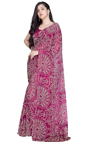 Image of RANI SAAHIBA Women's Bandhej Printed Chiffon Saree Without Blouse