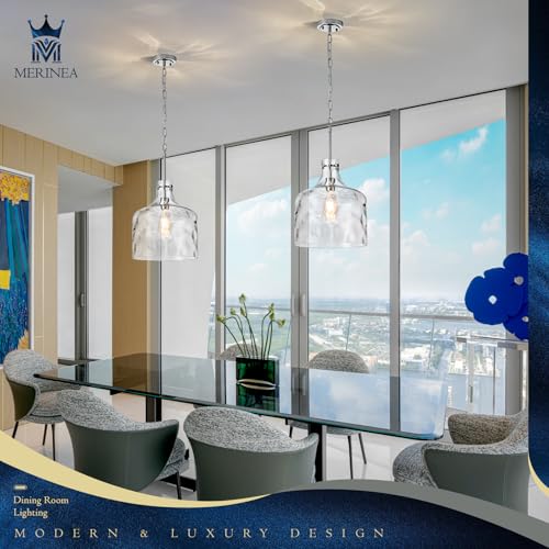 Image of 12 inch Chrome Farmhouse Pendant Light, Hammered Glass, E26 Hanging Light | Chrome hammered glass pendant light with adjustable chain, E26 socket, ideal for kitchen islands and dining rooms