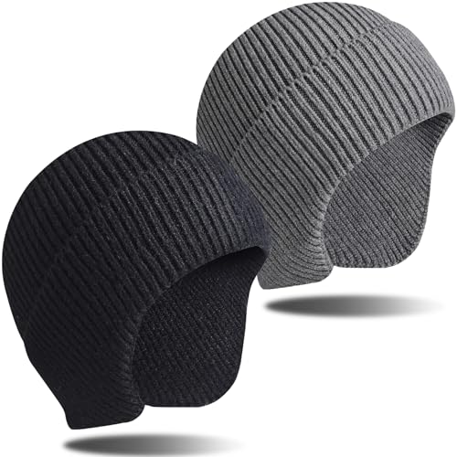TERRIFI Knit Beanie Hats Winter, 2Pieces Winter Beanie Hat Set, Mens Winter Warm Knitting Hats, Beanie Cuff Toboggan Knit Cap, for Men and Women (Gray+Black)