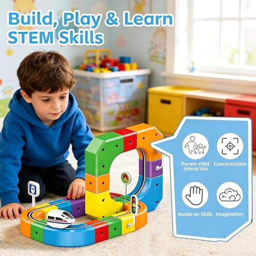 Image of Electric Train Track Set for Kids 3D Magic Flexible Race Track, Gravity-Defying Electric Train Building Blocks, Modular Educational STEM Toy for Boys & Girls (81)