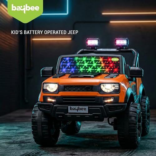 Image of Baybee RoverX Battery Operated Jeep for Kids with Parental Control | Baby Ride On Electric Car with RGB Lights, Music & Swing Mode | Rechargeable Battery Car for Kids 2 to 6 Years Boys, Girls (Orange)