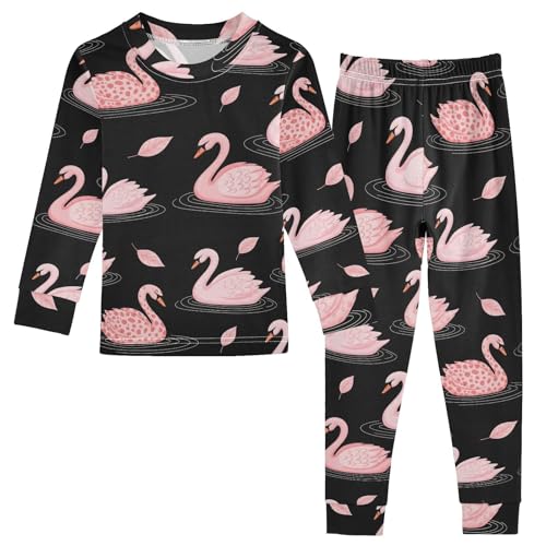 Pajama Sets Long Sleeve Pink Swans on Black Soft Comfy Sleepwear 2 Piece PJS 3-8T