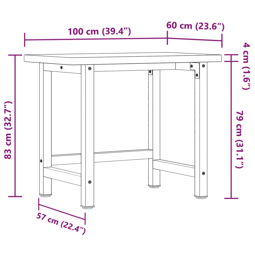 vidaXL Banco Lavoro 100x60x83 cm Legno Massello Rovere Rettangolare, tavolo da lavoro, postazione da lavoro, banco da lavoro in metallo