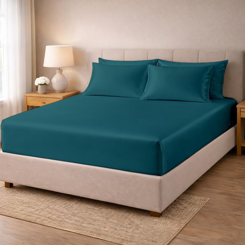 Image of Filbert - Premium Satin Fitted Bedsheet Single Bed (36x75 Inch) with 1 Pillow Cover | Hypoallergenic Breathable | Hair and Skin Friendly, Women Gift Choice|Teal