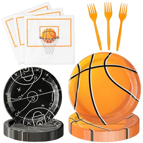 G1ngtar 96Pcs Basketball Party Plates Supplies Sports Theme Tableware Decorations Disposable Paper Plates Napkins Forks for Kid Birthday Serves 24