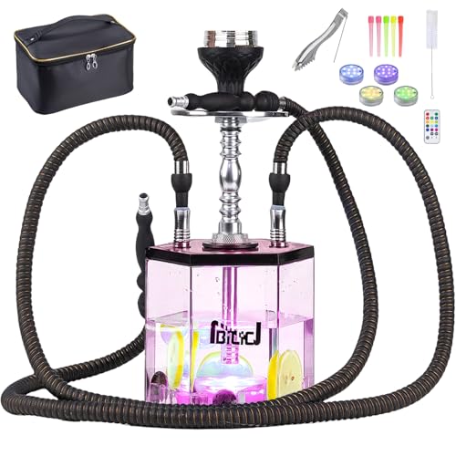 NBILIC 2 Hose Large Hookah Set – Premium Acrylic Shisha Hookah with Everything Included, Magical Remote LED Lights & Travel Case Cleaning Brush for Ultimate Experience (Pink)