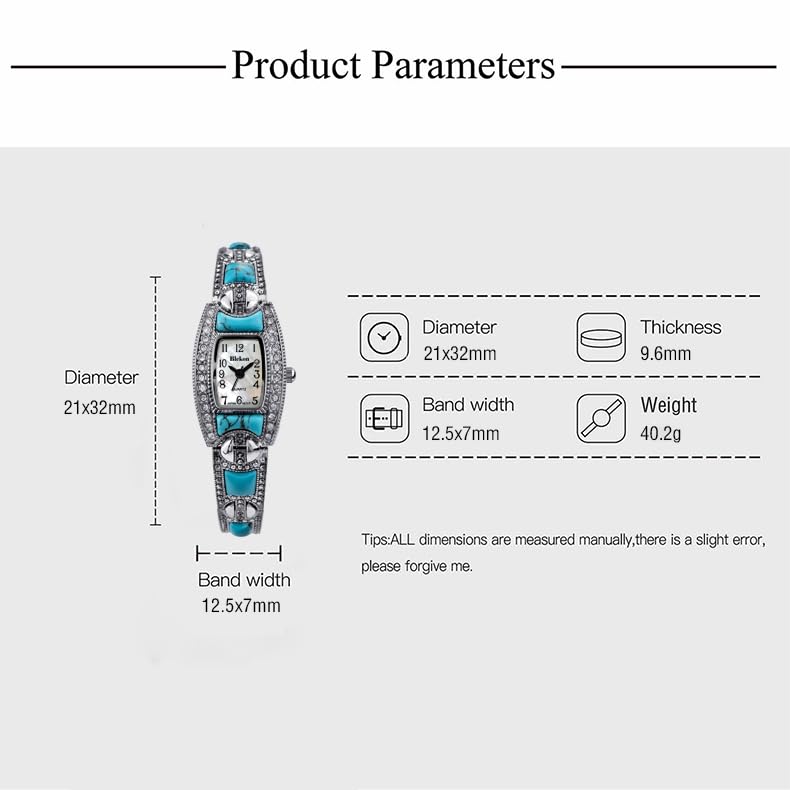 Blekon Collections Japanese Quartz Ladies Square Stones 21mm Case Pearl Dial Metal Link Bracelet Fashion Watch (Silver Turquoise)