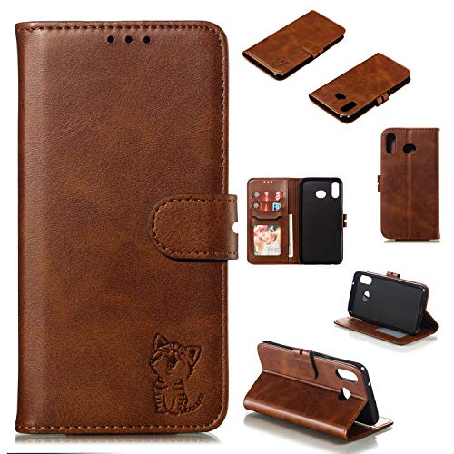 Robinsoni Case Compatible with Samsung Galaxy A10S Retro Leather Wallet Cover with Card Holder Slots Cat Printed Folio Flip Book Cover TPU Silicone Inner Case Kickstand Magnetic Closure Case, Brown