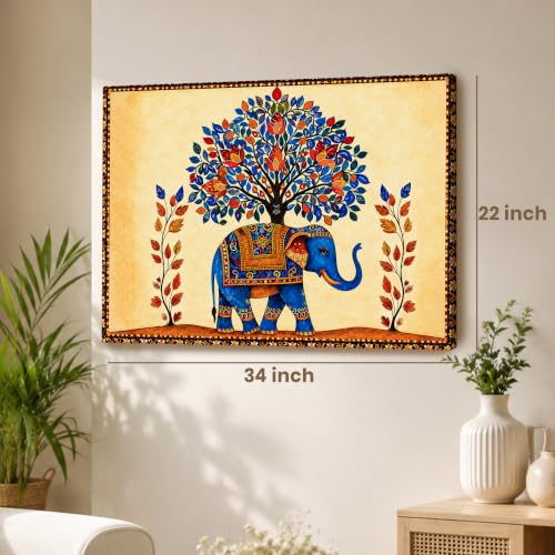 Image of Madhubani Elephant Stretched Canvas Painting for Living Room Wall Decor, Tree of Life Indian Traditional Vastu Stretched Canvas Wall Art for Vastu Place Bedroom Home Hallways Office Hotel, Size 22x34 Inch