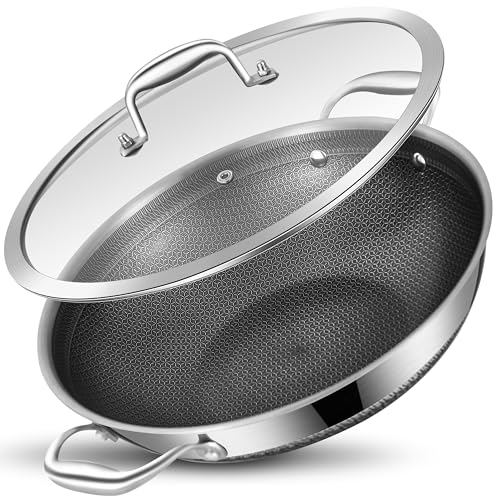 LOLYKITCH 13 Inch New Hybrid Tri-Ply Stainless Steel Wok Pan with Lid,Ceramic Non Stick Stir-Fry Pans,Induction Cooking Pot,Dishwasher and Oven Safe