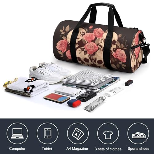 Large Skulls Pink Roses Travel Gym Bag for Women Men Cylindrical Duffle Bag Sport Workout Bag with Shoulder Strap4
