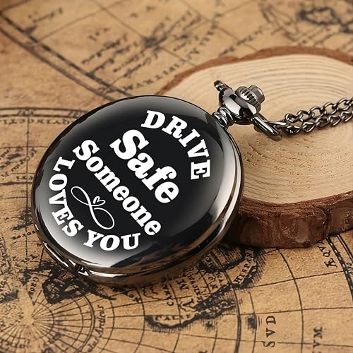 Image of Vintage Gandhi Style Pocket Watch with Engraved Designs & Messages Royal Black Analog for Men Women & Kids Includes Key Ring for car or Bike Keys Ideal Gift