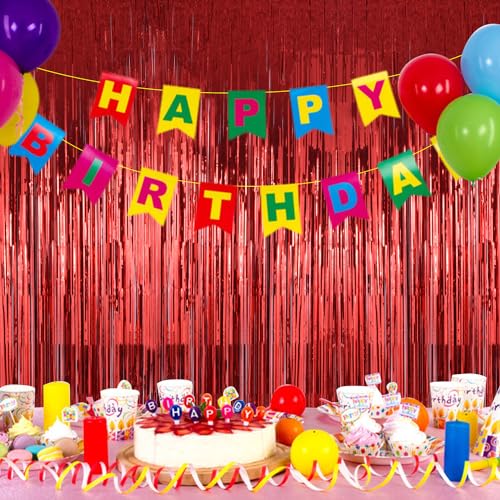 Image of Red Curtains Backdrop Tinsel Streamers Party Decorations 2Pack 3.3x8.2FT - Red Birthday Decorations Valentines Day Decorations Carnival Party Decorations Christmas Wedding Bachelorette