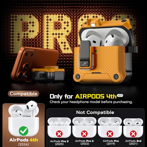 Image of Inesore for AirPods 4 Case with Secure Lock (Yellow) | Phone Stand Design,Compatible with MagSafe,Automatic Snap Switch Secure Cover Carbon Fiber Texture with Cleaner Kit