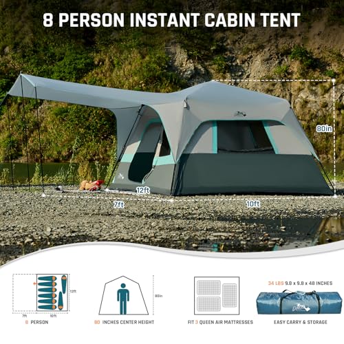 Image of 8 Person Instant Cabin Tent, Easy 60 Second Setup Family Tents for Camping, Pop up Camping Tent, Large Waterproof Tents for Outdoor Camping, Spacious Interior, Upgraded Ventilation