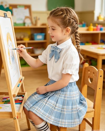 Image of Betusline Girls Skirt Set JK School Uniform 2-Piece Outfit - Short Sleeve Shirt with Bow & Pleated Skirt 4T-14Y