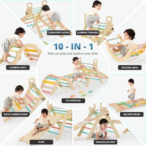 Image of BlueWood 10-in-1 Pikler Triangle Set, Toddler Climbing Toys Indoor, Montessori Climber, Baby Jungle Gyms with Arch, Extra Rope Ladder & Footprint Balance Beam - Rose Garden