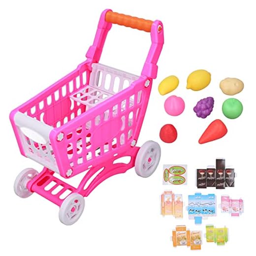 Carrito de compras de juguete educativo, juego de supermercado con carrito de supermercado incluido y accesorios de comida de imitación(Rosa)