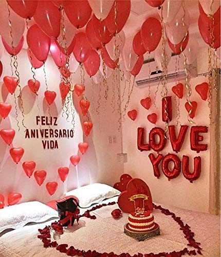Smartz Minds I Love You Decoration Kit 96 pcs Combo with I Love You foil Baloon, Red & White Metallic Balloon, Heart Shape Foil Balloon,Multipurpose Ribbon and Fairy Light