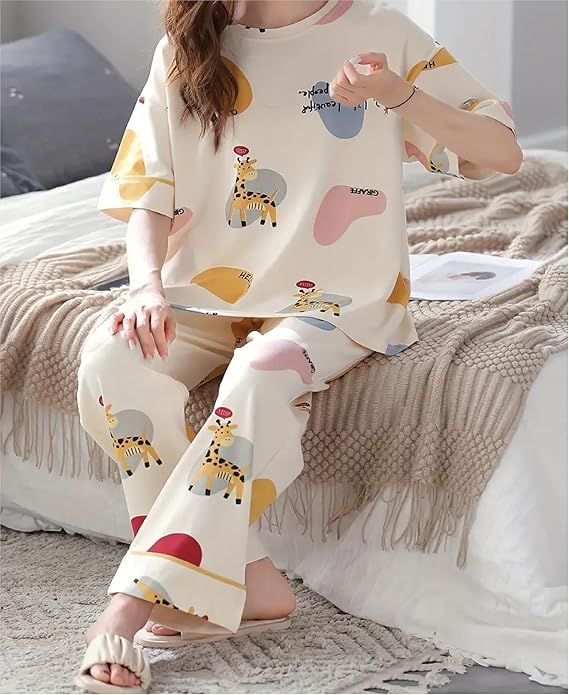 Image of Womens Night Dress Pajama Set Soft Stretchable Spandex Nightwear Night Suit Ladies Loungewear Sleepwear Two Piece Top and Pyjama Set for Women