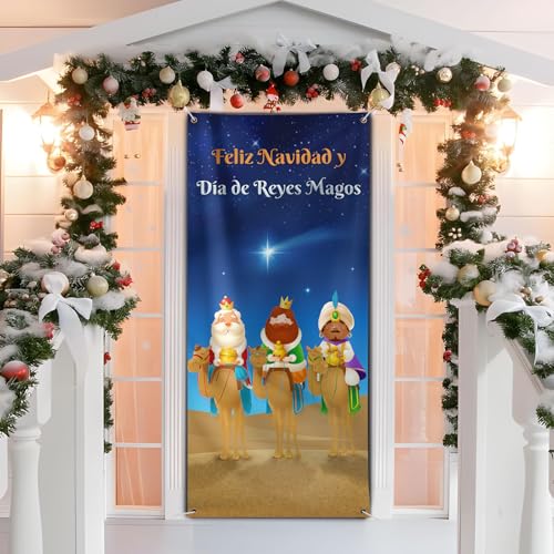 BETESSIN Decoração de natal porta, 90 x 200 cm bandeira feliz Natal e dia dos reis, decoração natalícia porta de entrada parede exterior interior Photocall de Natal dia de Reis Magos
