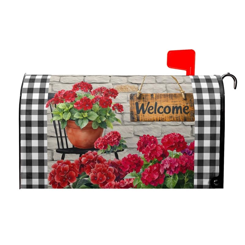 Spring Summer Floral Mailbox Covers Magnetic Large Size 25"x21" Welcome Spring Geranium Flower Mailbox Cover Welcome Red Flowers Mailbox Wraps Farmhouse Post Letter Box Cover for Home Outside