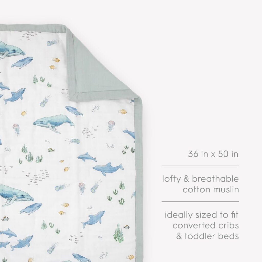Little Unicorn Lofty Schmusetuch | Superweicher und atmungsaktiver Musselin-Stoff | ideal zum Spielen und Schlafengehen (Wale)