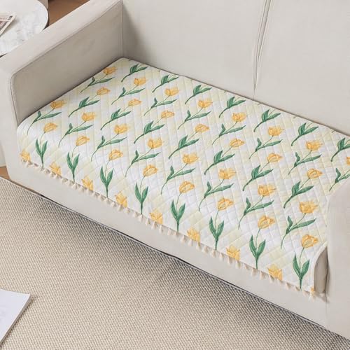 Image of HOKIPO Tulip Blossom 2 Seater Quilted Sofa Cover Mat with Tassels 'Tassel Twigs' Series (IN-983-T4)